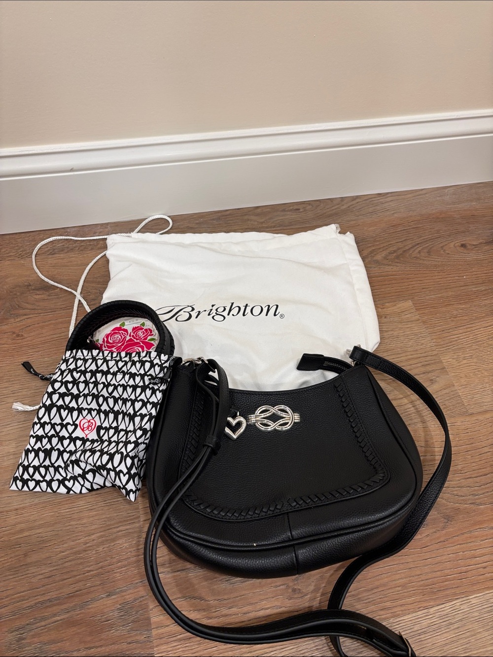 Brighton Black Leather Crossbody with Silver Heart & Knot Accent